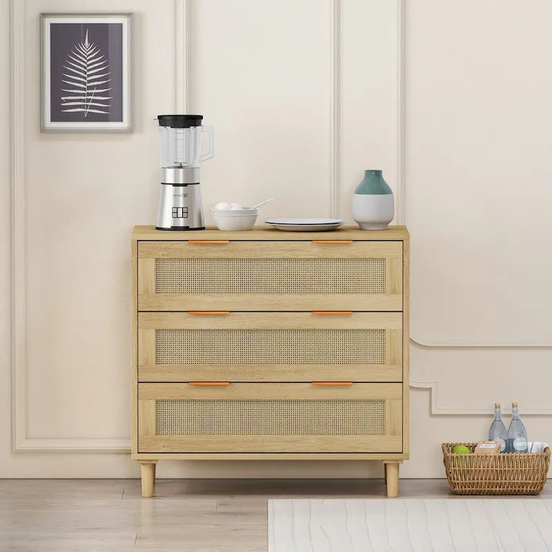 Oak 3-Drawer Rattan Storage Cabinet