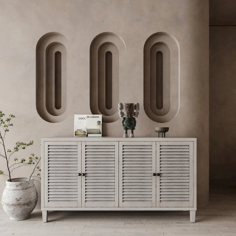 60-in Farmhouse Natural Wood Wash 4-Shutter Door Sideboard Buffet Storage Cabinet