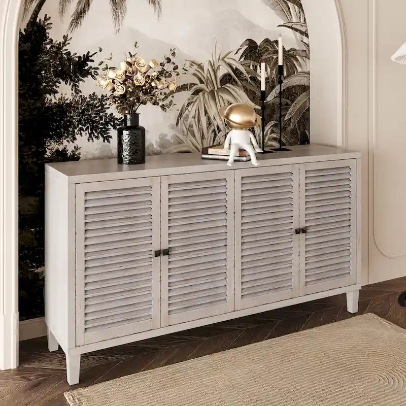 60-in Farmhouse Natural Wood Wash 4-Shutter Door Sideboard Buffet Storage Cabinet