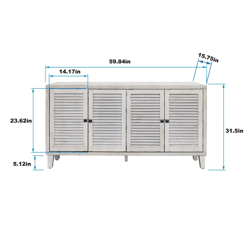 60-in Farmhouse Natural Wood Wash 4-Shutter Door Sideboard Buffet Storage Cabinet