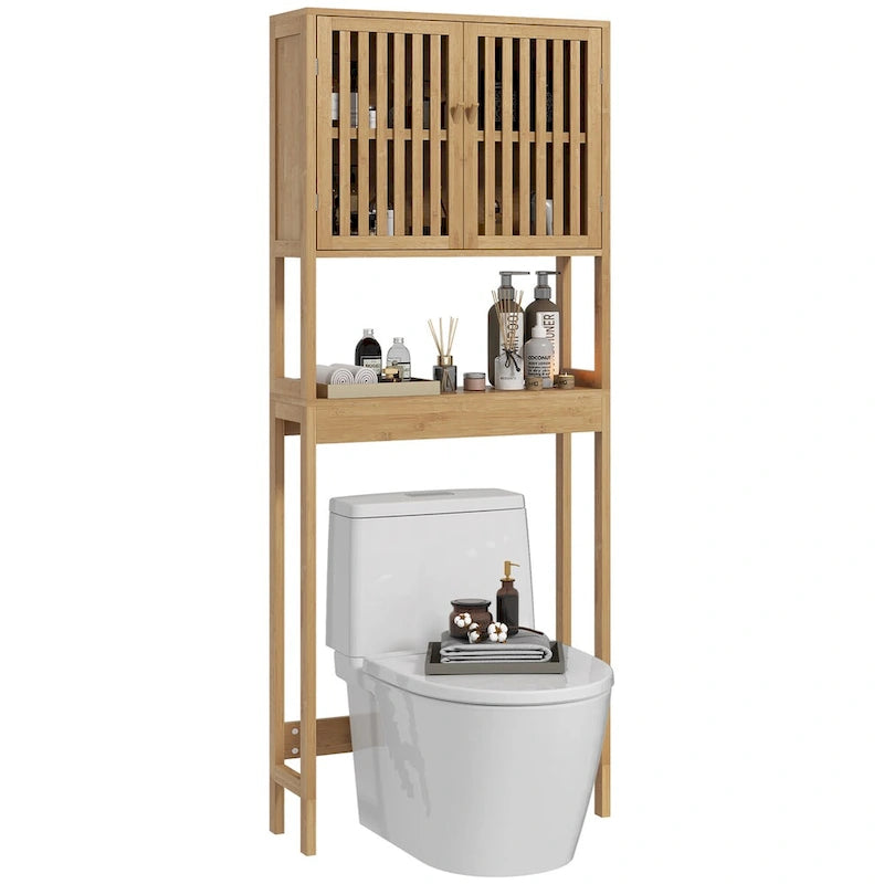 Bamboo Over the Toilet Storage Cabinet, Over Toilet Bathroom Organizer with Slatted Doors, Adjustable Shelf
