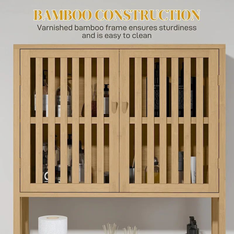 Bamboo Over the Toilet Storage Cabinet, Over Toilet Bathroom Organizer with Slatted Doors, Adjustable Shelf