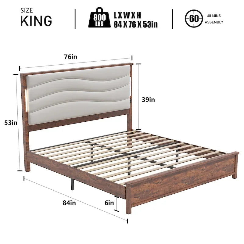 Kingsize-Bettgestell mit gepolstertem Kopfteil und Ladestation